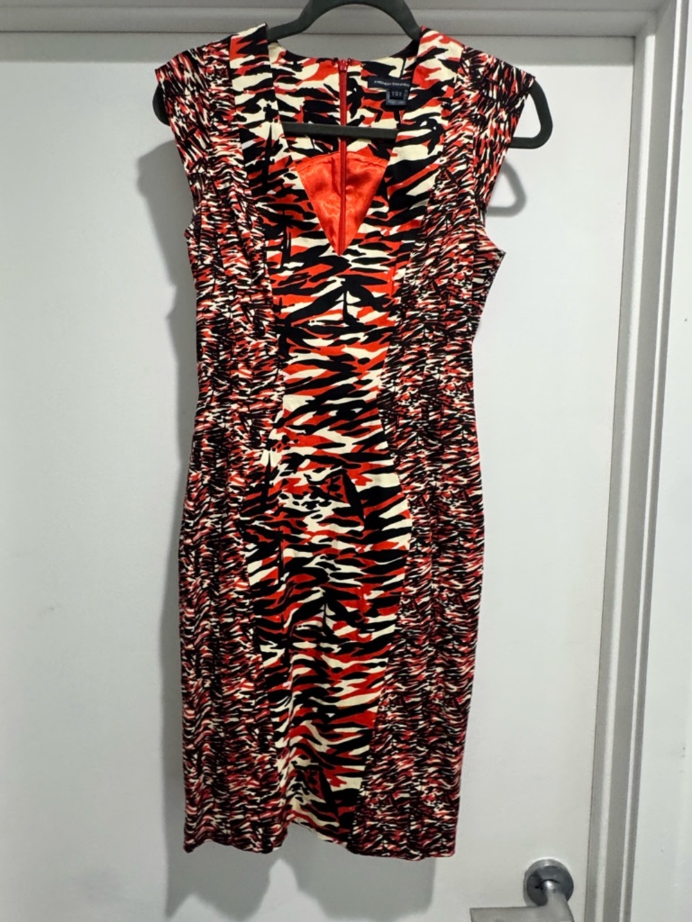 French Connection Orange Black Cream Patterned Midi Dress